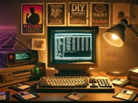 A nostalgic, dimly-lit scene of a 1990s desk setup featuring a CRT monitor displaying a text-based BBS interface. The room has a retro atmosphere