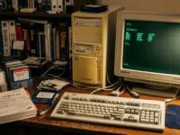 Vintage 386 computer setup with a CRT monitor displaying MS-DOS, floppy disks, and a user manual on a wooden desk