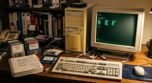 Vintage 386 computer setup with a CRT monitor displaying MS-DOS, floppy disks, and a user manual on a wooden desk