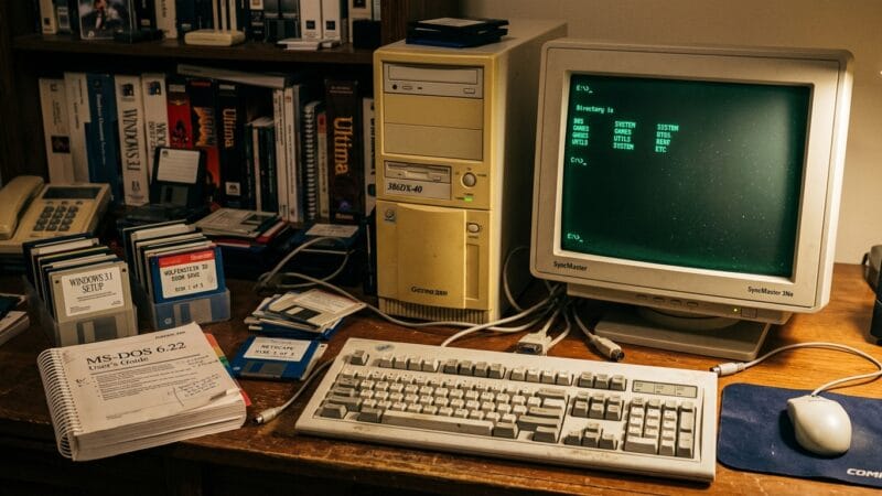 Vintage 386 computer setup with a CRT monitor displaying MS-DOS, floppy disks, and a user manual on a wooden desk